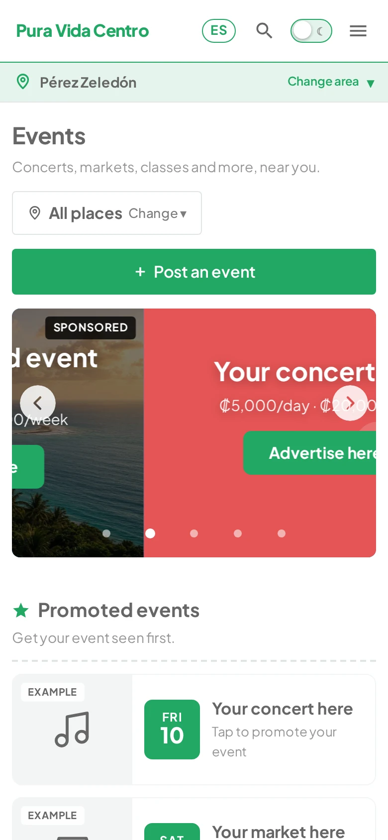 Pura Vida Centro — Events on mobile