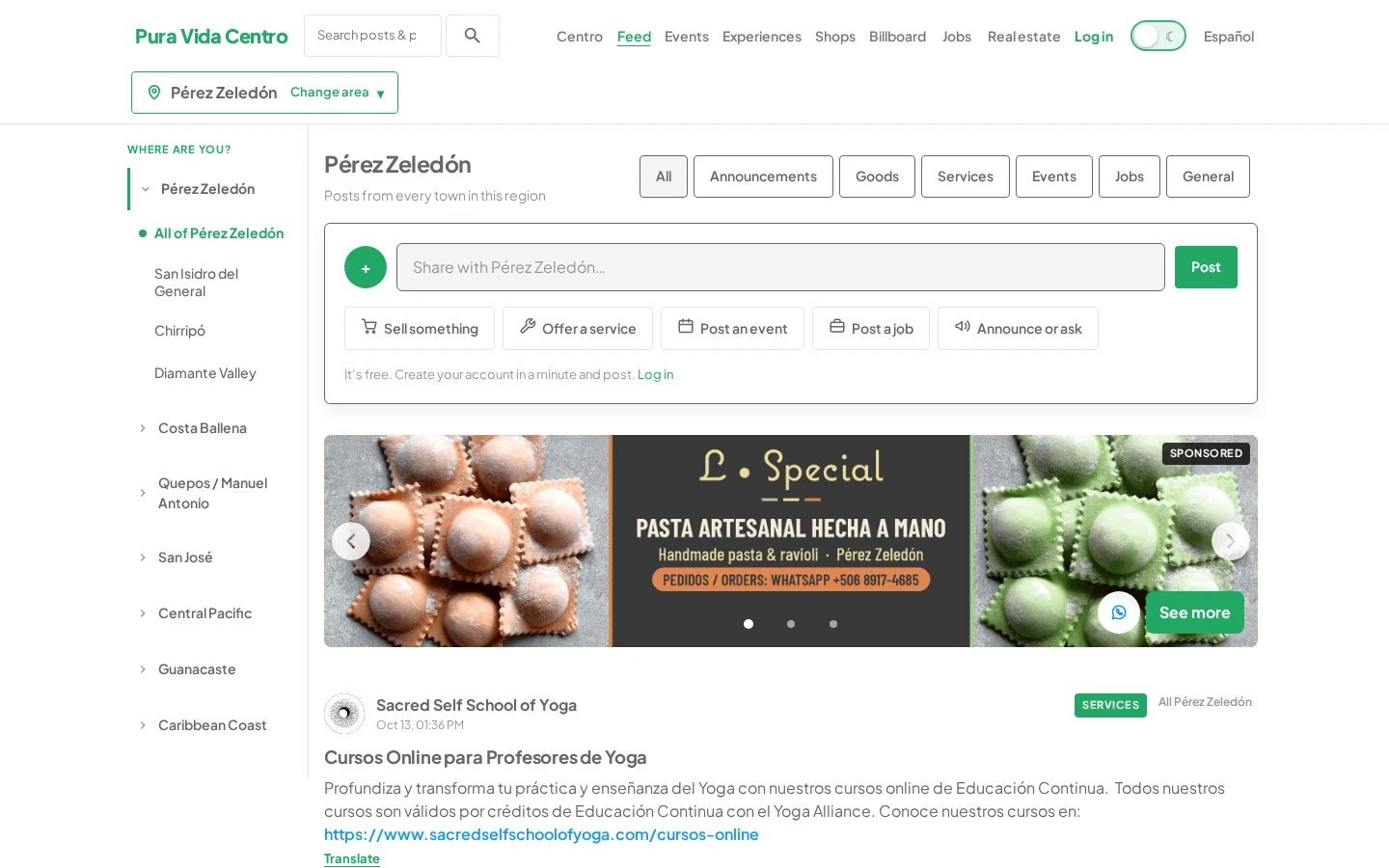 Pura Vida Centro website