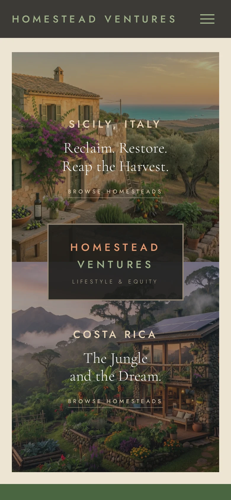 Homestead Ventures — Homepage on mobile