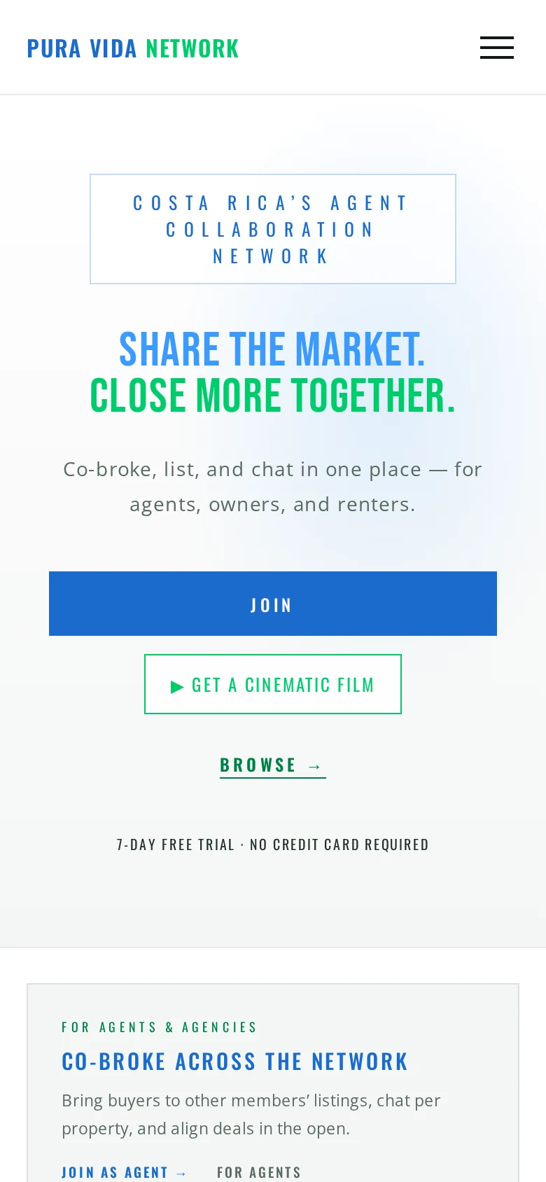 Pura Vida Network — Homepage on mobile