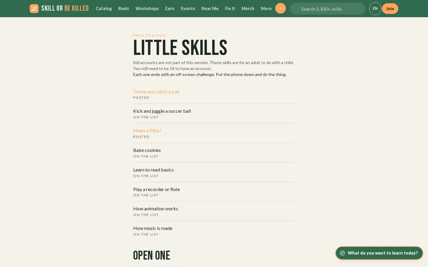 Skill Or Be Killed — Little Skills for families