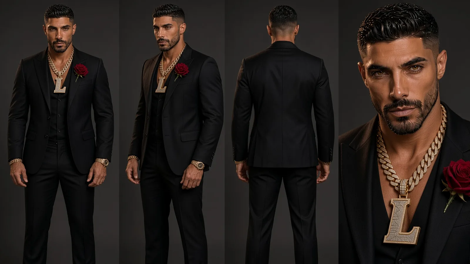 Character sheet — Photoreal turnaround, face and chain locked