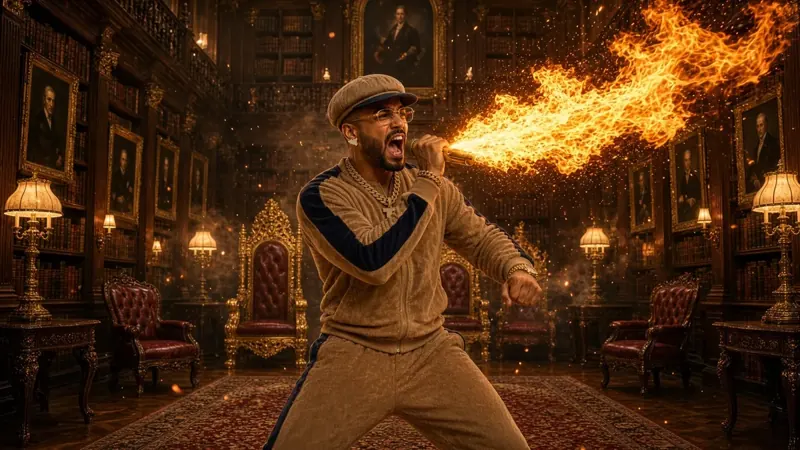 Storyboard · approved still — Scene 3A, hero shot, mic flame