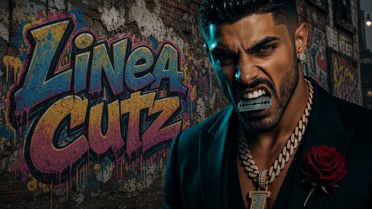 Linea Cutz splash: razor in his teeth in front of a graffiti wall