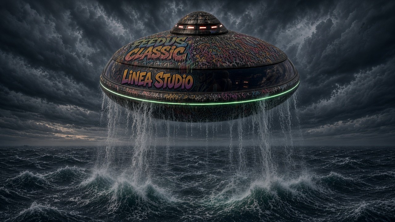 Linea Studio graffiti UFO hovering over the ocean, water pouring off it