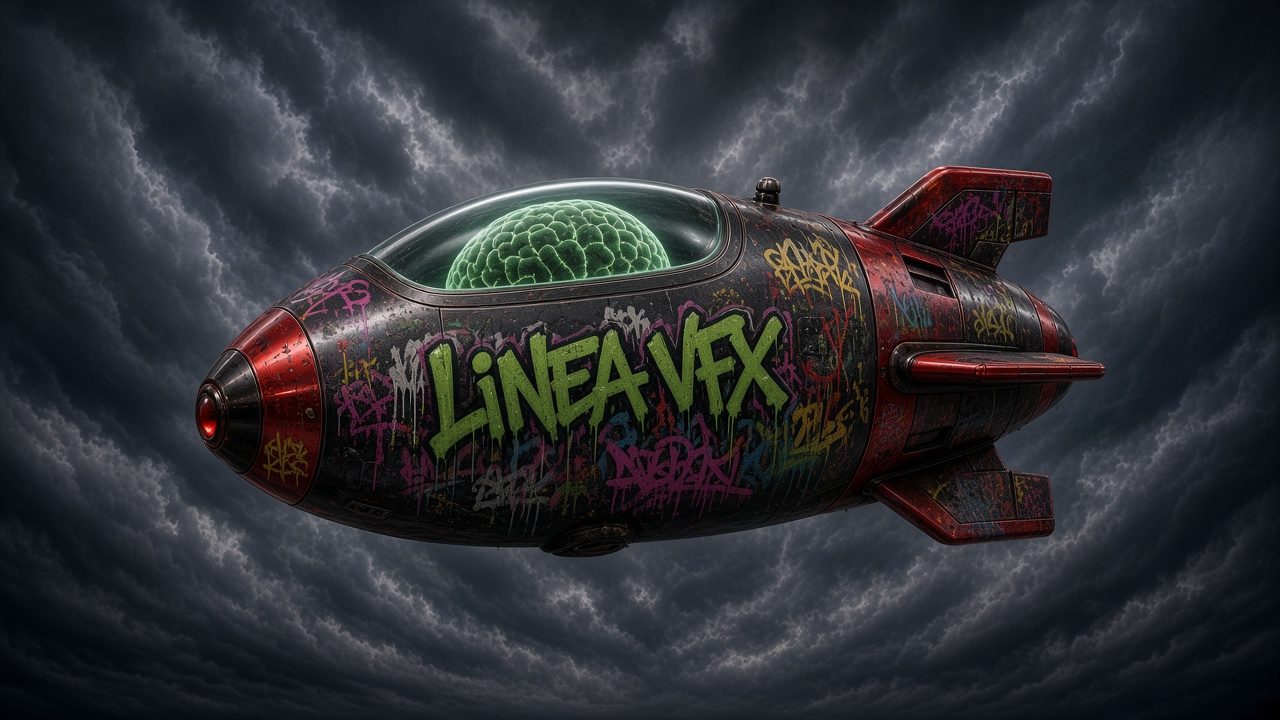 Linea VFX: graffiti-covered bomb with a glowing brain in a storm